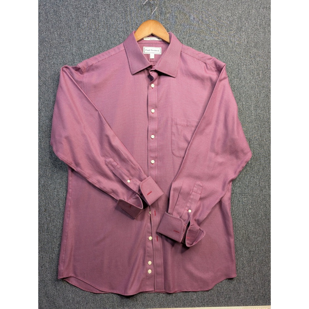 Paul Fredrick Mens 17-34 Trim Fit Non-Iron Cotton Dobby Dress Shirt Burgundy